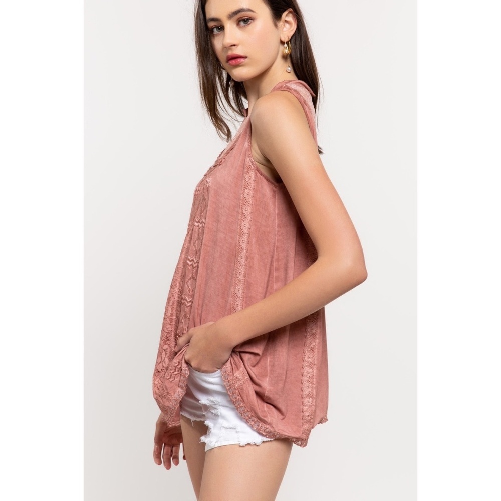 POL Terracotta Sleeveless High Neck Lace & Embroidered Rayon Top - Picture 3 of 8